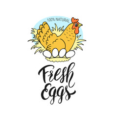 ПечатFresh eggs hand drawn chicken and handwritten lettering. Label design for shop, market, menu, poster, bannerь