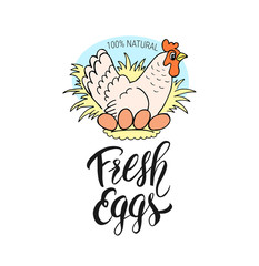 ПечатFresh eggs hand drawn chicken and handwritten lettering. Label design for shop, market, menu, poster, bannerь