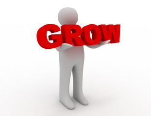3D man holding word grow