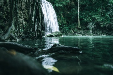 view of a beautiful waterfall in Thailand in a green jungle and clean environment in a moody green tone look surrounded with big trees and clear fresh green water which suggests an eco environment