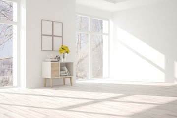 White empty room with winter landscape in window. Scandinavian interior design. 3D illustration