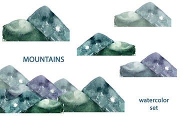 Mountains watercolor splashes texture green drawing illustration geometric clip art for birthday party print celebration clothing on white background