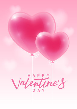 Valentines day greeting card with glossy heart balloons