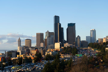 Seattle city downtown skyline during sunset