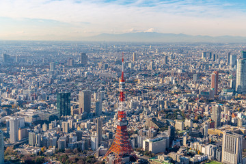 東京タワーと富士山の空撮