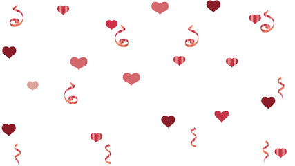 The foundation of packaging, textiles, wallpaper, banner, printing. Falling Red confetti. Festive Pattern of Hearts and Serpentine. Vector Seamless Pattern on a White Background.