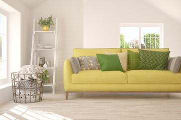 Idea of white minimalist room with sofa. Scandinavian interior design. 3D illustration