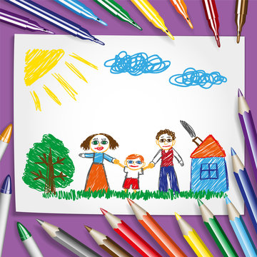 Children's pencilling.
Children's drawing, parents with their son and a set of pencils. Vector illustration. EPS-10.