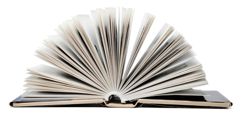 Open book on an isolated white background. Close-up.