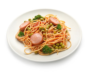 Plate with delicious pasta and sausage on white background