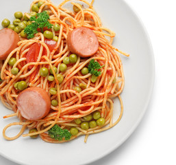 Plate with delicious pasta and sausage on white background