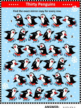 Christmas, winter or New Year IQ training visual puzzle: Match the pairs - find the exact mirror copy for every row of skating penguins. Answer included.
