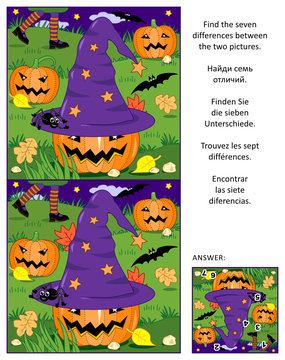 Halloween themed visual puzzle: Find the seven differences between the two pictures of witch hat, pumpkins, bats, etc. Answer included.
