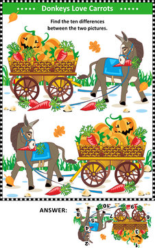 Visual puzzle: Find the ten differences between the two mirrored pictures with donkey and wagon full of pumpkins and carrots. Answer included.

