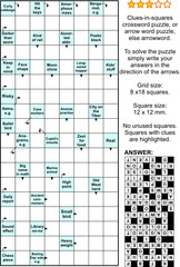 Clues-in-squares crossword puzzle, or arrow word puzzle, else arrowword, or scanword. Real size, answer included.
