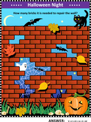 Halloween night themed visual math puzzle with holes in red brick wall: How many bricks it is needed to repair the wall? Answer included.
