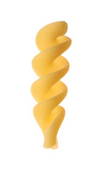 Uncooked fusilli pasta on white background