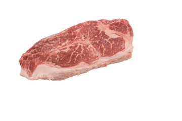 Fresh and juicy raw Ribeye steak on white background.