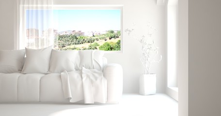 Fototapeta na wymiar White room with sofa and green landscape in window. Scandinavian interior design. 3D illustration
