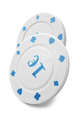 Chips for gambling games in casino on white background