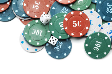 Chips and dices for gambling games in casino on white background