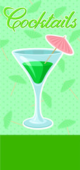 Creen cocktail with umbrella in martini glass banner, summer drink, cocktail party celebration flyer, invitation or card vector Illustration