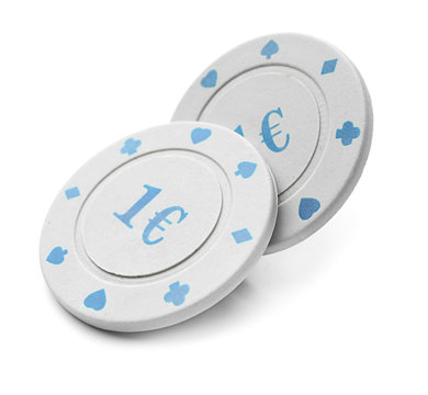 Chips for gambling games in casino on white background