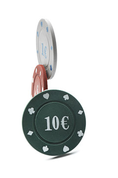 Chips for gambling games in casino on white background