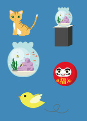 猫, 子猫, 動物, だるま, 日本, 和風, 鳥, 小鳥, 魚, 金魚, 熱帯魚, 水槽, アクアリウム, ペット, cat, 縁起物, 正月, かわいい
