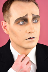 Being completely at a loss. Stage actor playing. Theatre actor miming. Mime with face paint. Mime...