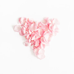 Flowers composition. Rose flower petals on white background. Valentine's Day, Mother's Day concept. Flat lay, top view, square