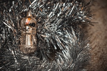 Old retro Christmas holiday decorations-beads and Christmas toys, balls, candies scattered on a wooden table, Christmas Flatley scattered on a wooden table, Christmas Flatley	