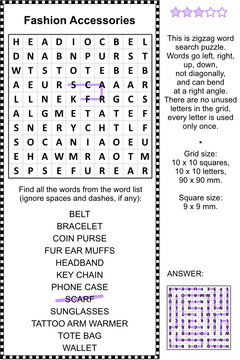 Fashion accessories themed zigzag word search puzzle. Answer included.

