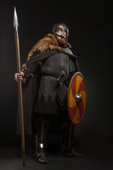 Warrior Viking in full arms with axe, shield and spear on dark background