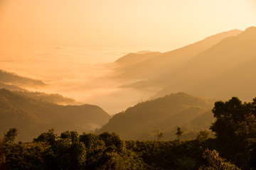 Sunrise over the mountain landscape, A beautiful sun rays with clouds 