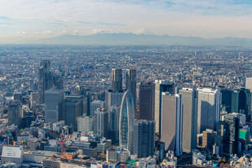 新宿摩天楼と富士山の空撮