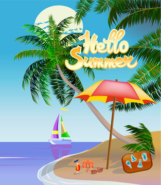 Vector Banner Summer vacation and travel design.On the ocean, among palm trees.