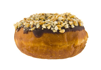 donut in chocolate with nuts isolated on white background