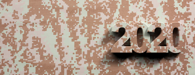 Military uniform pattern sign, new year 2020, banner. 3d illustration