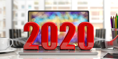 2020. New year, on a laptop, blur office background. 3d illustration