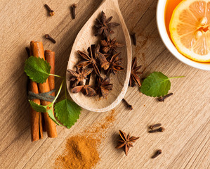 Hot tea with cinnamon stick, star anise and clove.