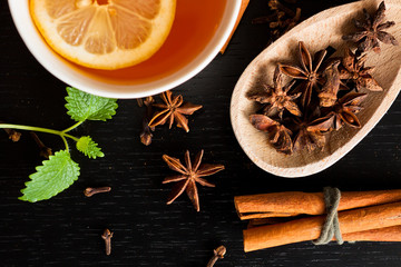 Hot tea with cinnamon stick, star anise and clove.