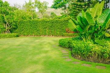 Landscape formal, Front yard is beautifully designed garden , Green  grass with bush gardening.