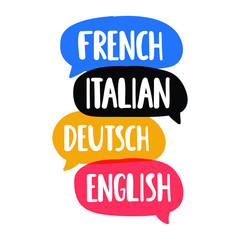 French, italian, deutsch, english. Translation, bilingual concept. Hand drawn vector icon illustrations on white background.