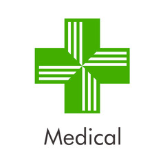 Logotipo abstracto con texto Medical con cruz dividida en color verde