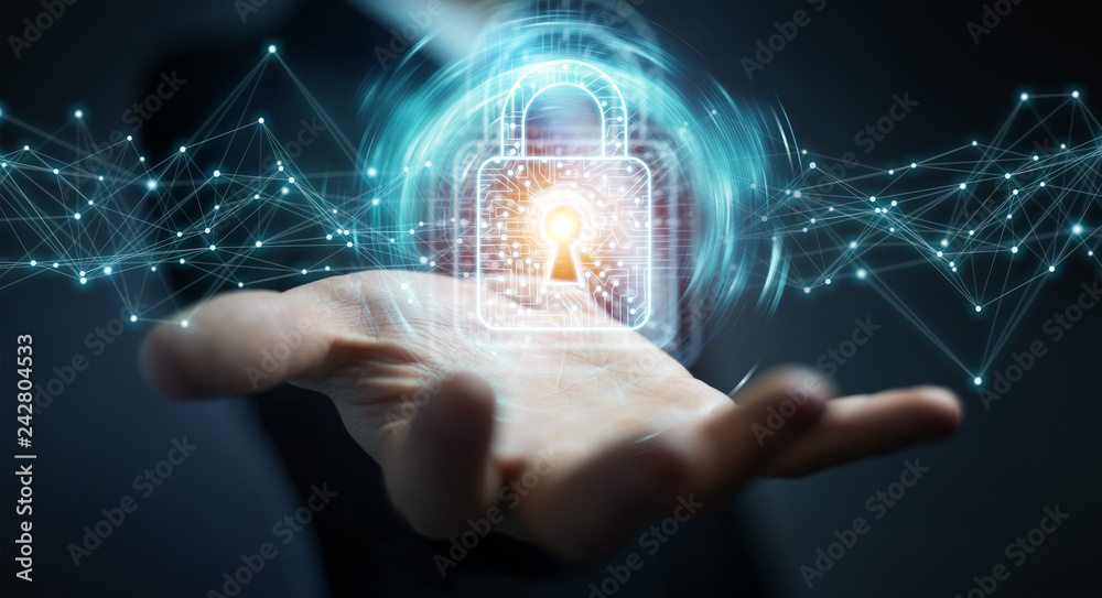 Aufkleber Businessman using digital padlock with data protection 3D rendering