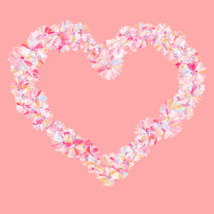 Heart outlined with flowers in pastel colors. Pink background. Fine detailed design element for advertising.