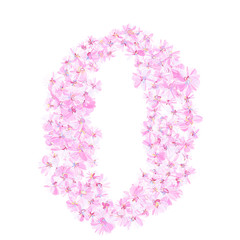 Number zero filled with flowers in pinkish violet colors. Isolated fine detailed design element for advertising.