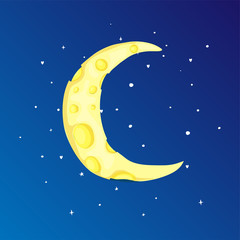 Obraz na płótnie Canvas Fun cartoon yellow crescent moon among the stars icon. Yellow magic crescent moon with decoration on blue background. Magical yellow crescent moon in dreams vector icon.
