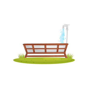 Metal water trough with faucet in wooden stand. Container for water. Farm theme. Cartoon vector design